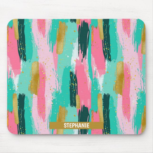 Colourful Abstract Brushstrokes - Mint & Pink Mouse Pad (Front)