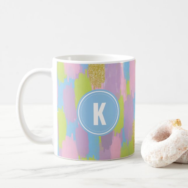 Colourful Abstract Brushstrokes  Pattern Monogram Coffee Mug (With Donut)