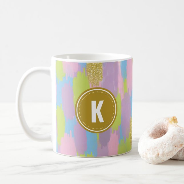 Colourful Abstract Brushstrokes  Pattern Monogram Coffee Mug (With Donut)