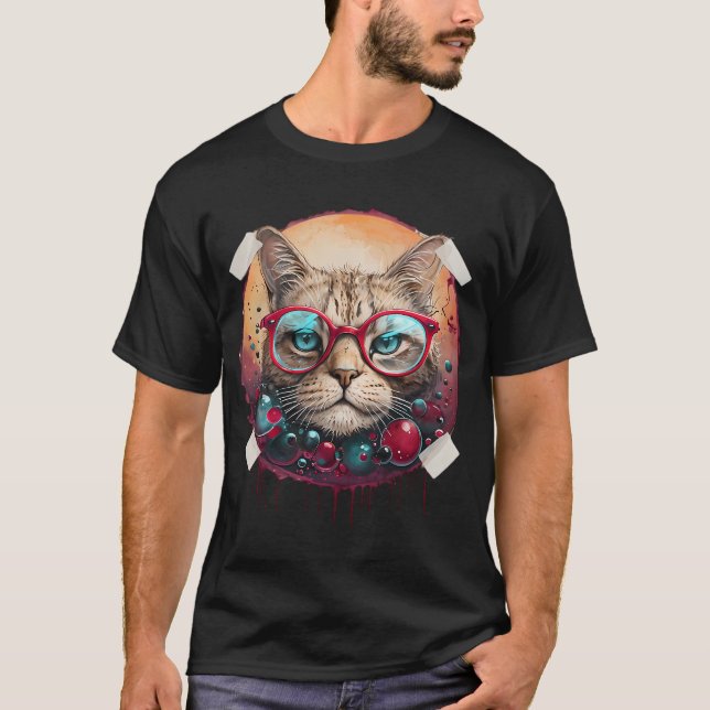 Colourful Abstract Bubbles with Cat T-Shirt (Front)
