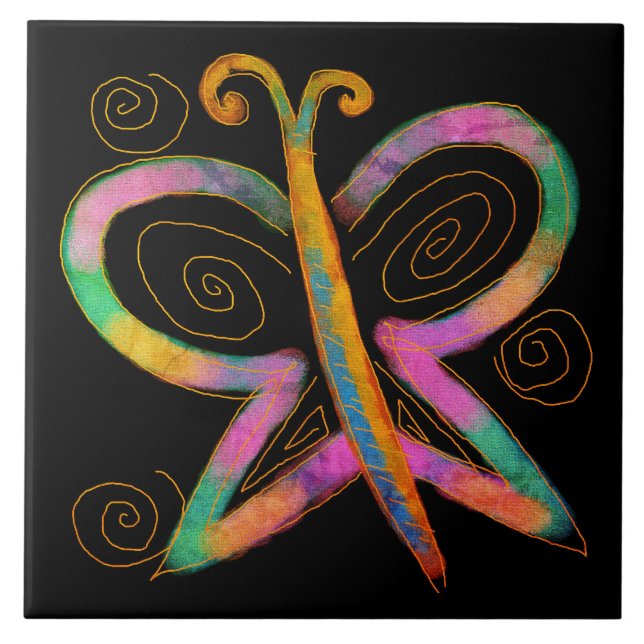 Colourful Abstract Butterfly Painting Ceramic Tile (Front)