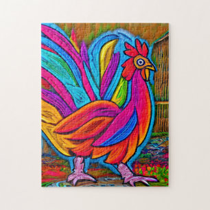 Colourful Abstract Cartoon Barn Rooster Jigsaw Puzzle