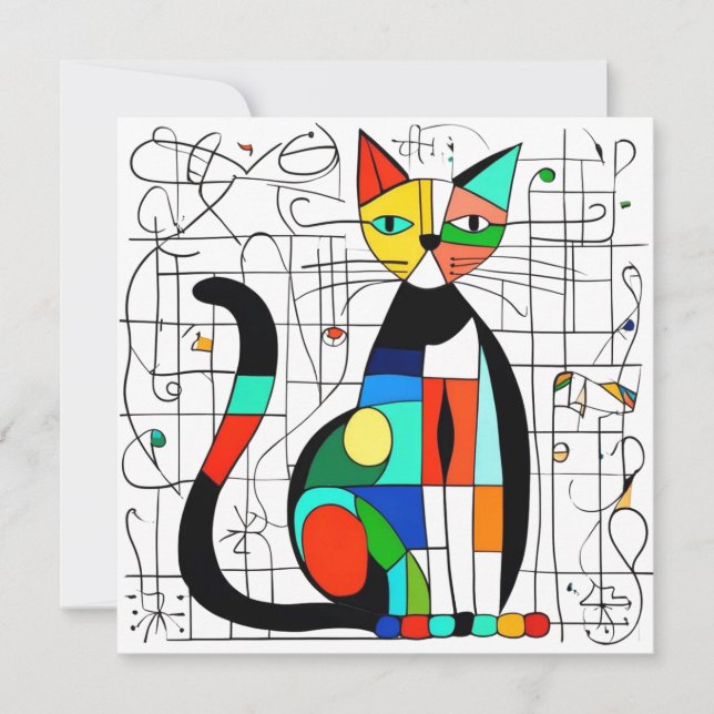 Colourful Abstract Cat Art Cubist Cubism Save The Date (Front)