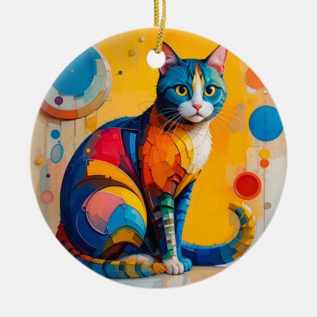 Colourful Abstract Cat Artwork Ceramic Ornament (Front)
