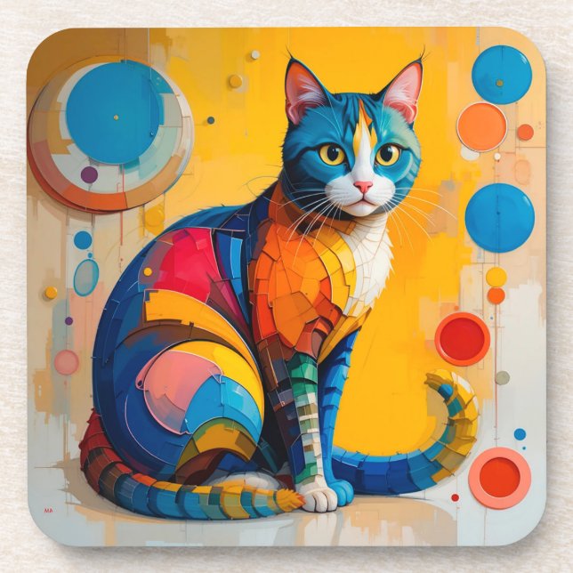 Colourful Abstract Cat Artwork Coaster (Front)