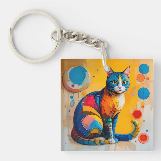 Colourful Abstract Cat Artwork Key Ring (Front)