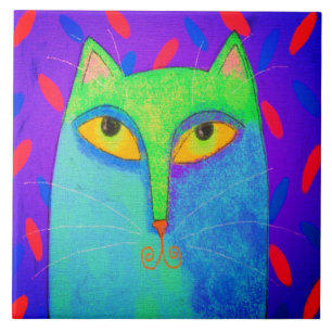 Colourful Abstract Cat Digital Painting Ceramic Tile