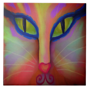 Colourful Abstract Cat Face Digital Painting Ceramic Tile