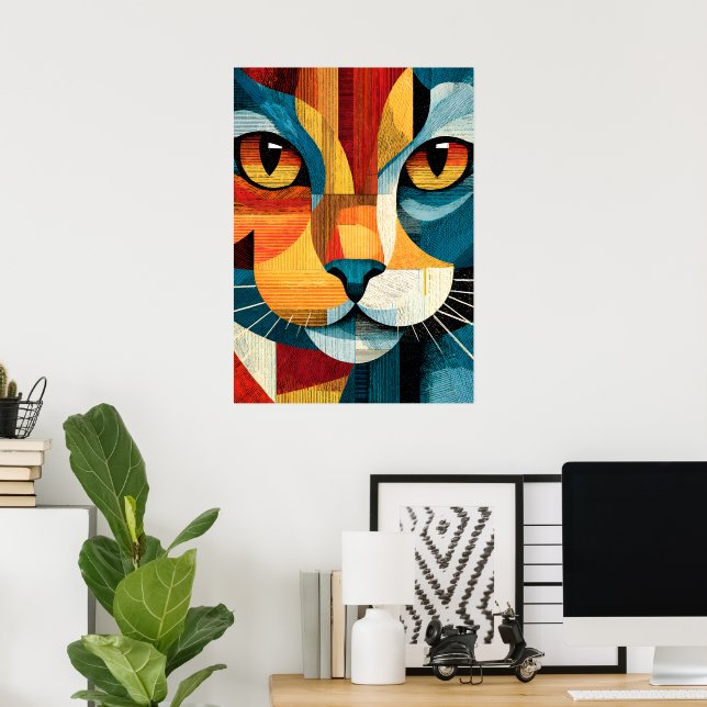 Colourful Abstract Cat Face Geometric Poster (Home Office)