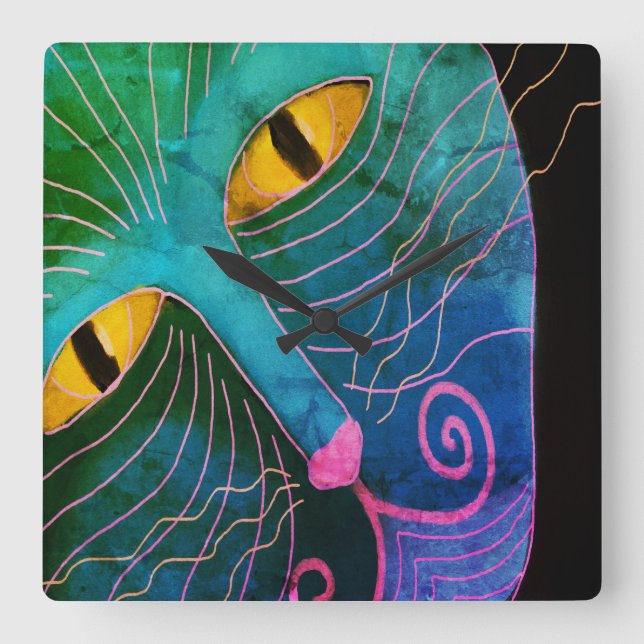 Colourful Abstract Cat Face Square Wall Clock (Front)