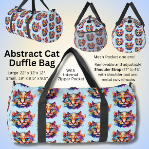 Colourful Abstract Cat on Pale Blue Aqua Duffle Bag