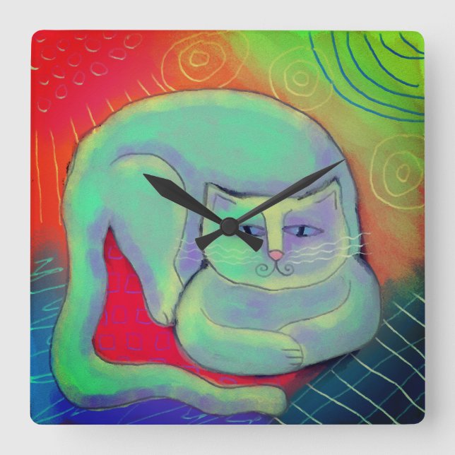 Colourful Abstract Cat Painting Round Clock (Front)