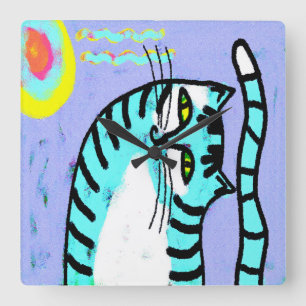Colourful Abstract Cat Painting Square Wall Clock
