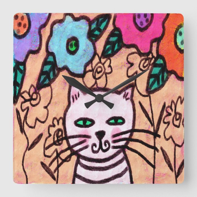 Colourful Abstract Cat Painting Square Wall Clock (Front)
