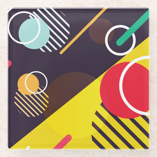 Colourful Abstract Circles and Lines Glass Coaster (Front)