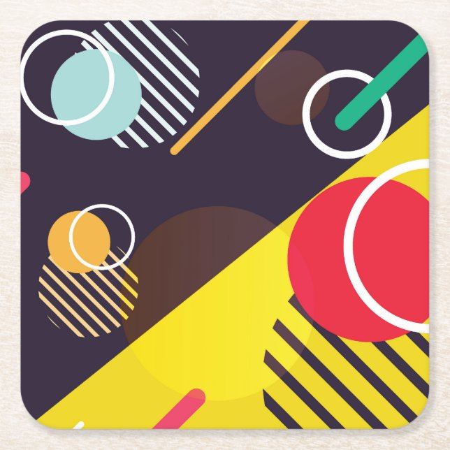 Colourful Abstract Circles and Lines Square Paper Coaster (Front)