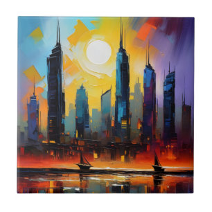 Colourful Abstract Cityscape Oil Acrylic Paint Ceramic Tile
