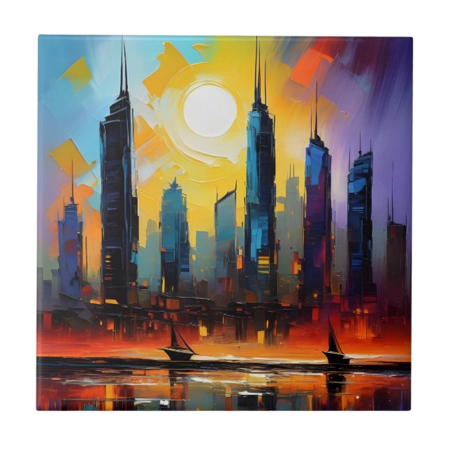 Colourful Abstract Cityscape Oil Acrylic Paint Ceramic Tile (Front)