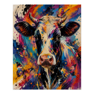 Colourful Abstract Cow Painting with Butterflies  Poster