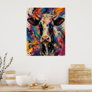 Colourful Abstract Cow Painting with Butterflies  Poster