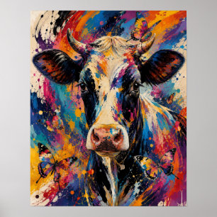 Colourful Abstract Cow Painting with Butterflies Poster