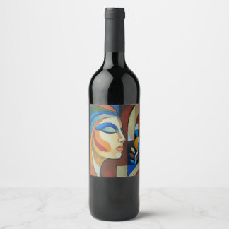 Colourful Abstract Cubist Woman Portrait Custom Wi Wine Label