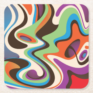 Colourful Abstract Curved Waves Square Paper Coaster