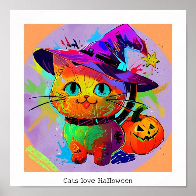 Colourful abstract Cute Happy Halloween Cat Poster (Front)
