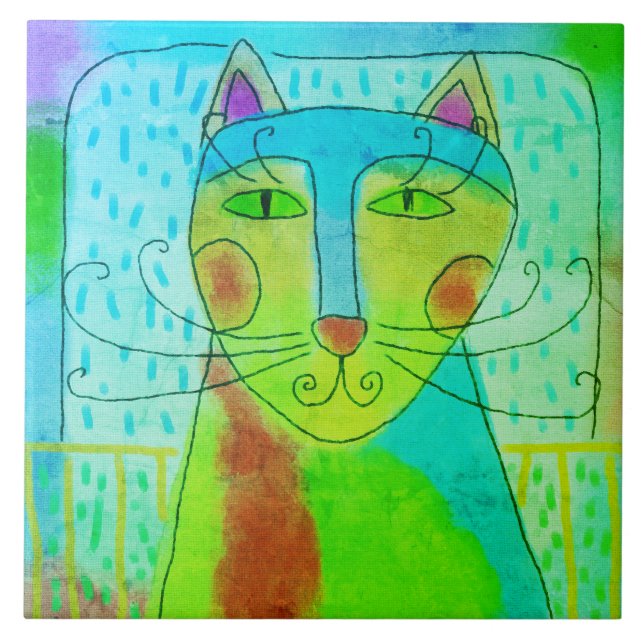 Colourful Abstract Digital Cat Painting Ceramic Tile (Front)