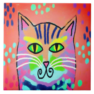 Colourful Abstract Digital Cat Painting Ceramic Tile