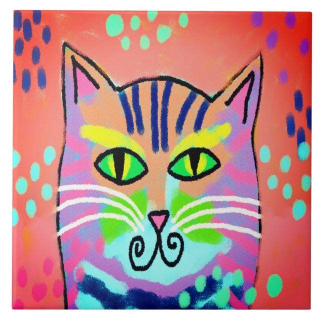 Colourful Abstract Digital Cat Painting Ceramic Tile (Front)