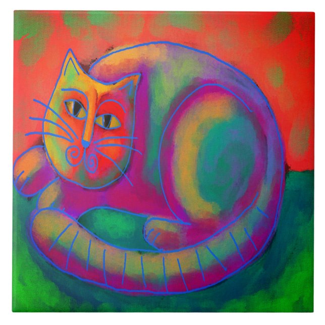 Colourful Abstract Digital Cat Painting Ceramic Tile (Front)