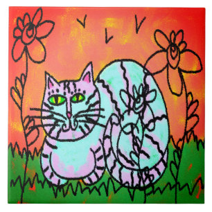 Colourful Abstract Digital Cat Painting Ceramic Tile