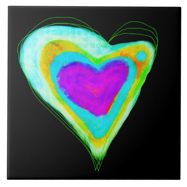 Colourful Abstract Digital Heart Painting Ceramic Tile (Front)