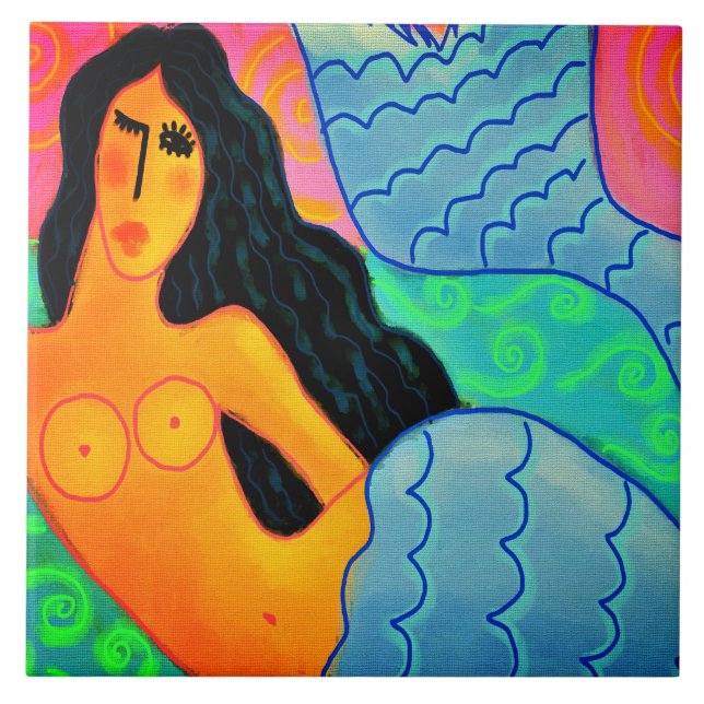 Colourful Abstract Digital Mermaid Painting Ceramic Tile (Front)