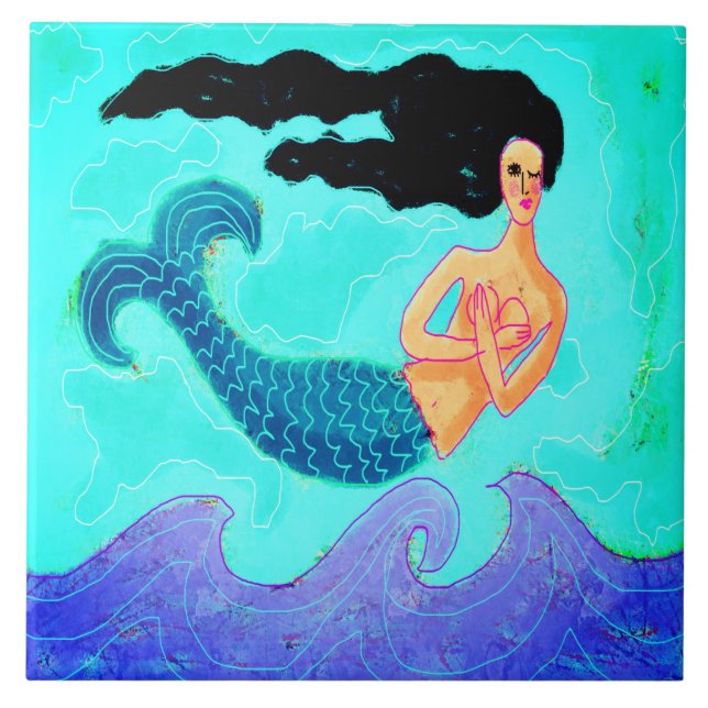 Colourful Abstract Digital Mermaid Painting Ceramic Tile (Front)