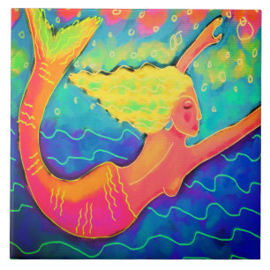 Colourful Abstract Digital Mermaid Painting Ceramic Tile