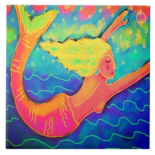 Colourful Abstract Digital Mermaid Painting Ceramic Tile (Front)