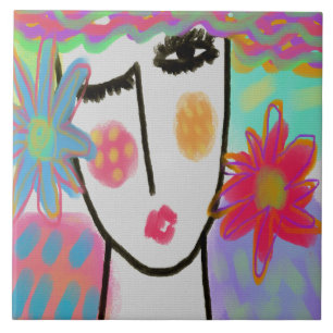 Colourful Abstract Digital Painting of a Woman Ceramic Tile