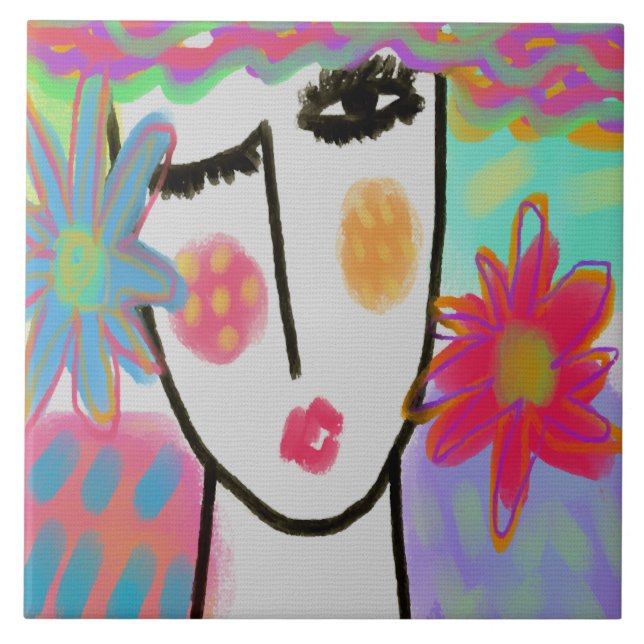 Colourful Abstract Digital Painting of a Woman Ceramic Tile (Front)