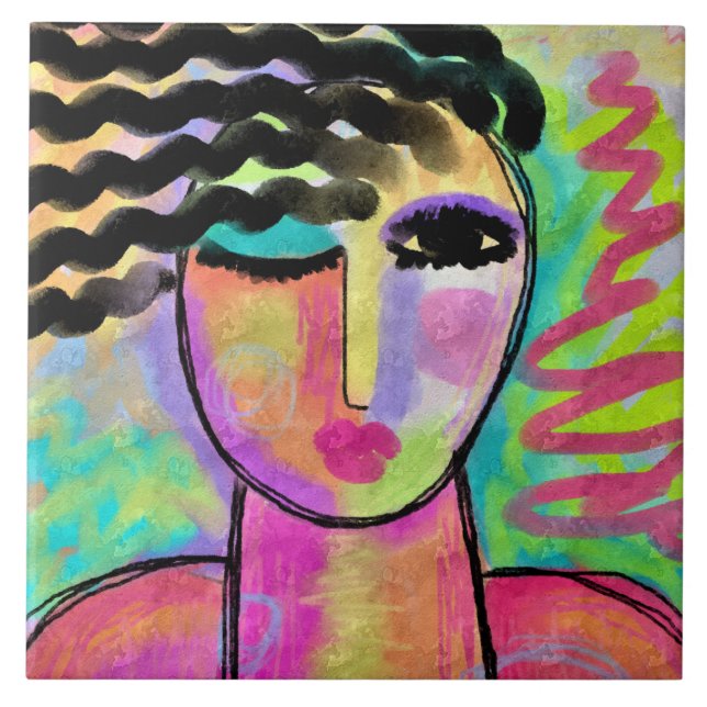 Colourful Abstract Digital Portrait of a Woman Ceramic Tile (Front)
