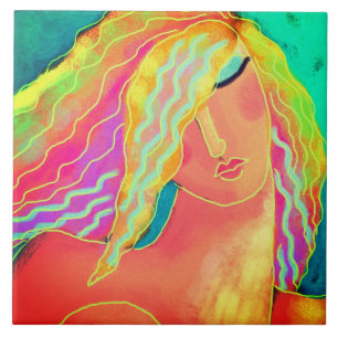 Colourful Abstract Digital Portrait of a Woman Ceramic Tile