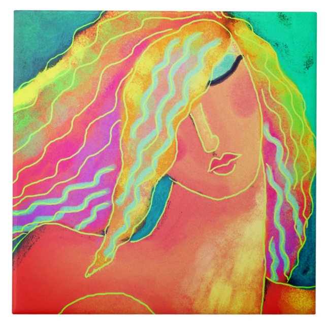 Colourful Abstract Digital Portrait of a Woman Ceramic Tile (Front)