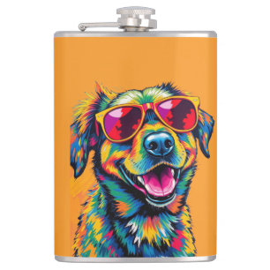 Colourful Abstract Dog with Sunglasses Hip Flask
