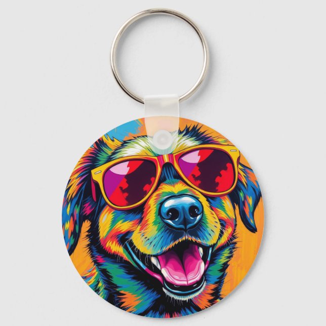 Colourful Abstract Dog with Sunglasses Key Ring (Front)