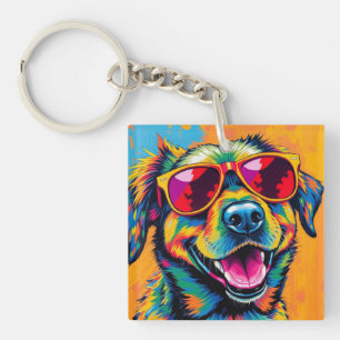 Colourful Abstract Dog with Sunglasses Key Ring
