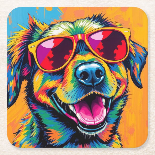 Colourful Abstract Dog with Sunglasses Square Paper Coaster (Front)