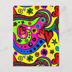 Colourful Abstract Doodle Art Hearts and Flowers  Postcard