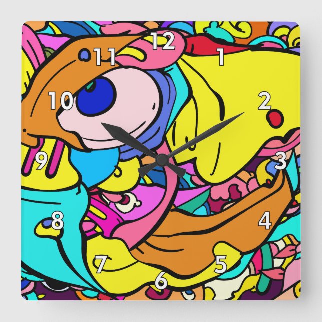 Colourful Abstract Doodle Art Square Wall Clock (Front)