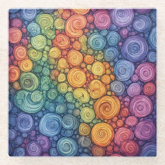 Colourful Abstract Doodle Swirl Pattern Glass Coaster (Front)